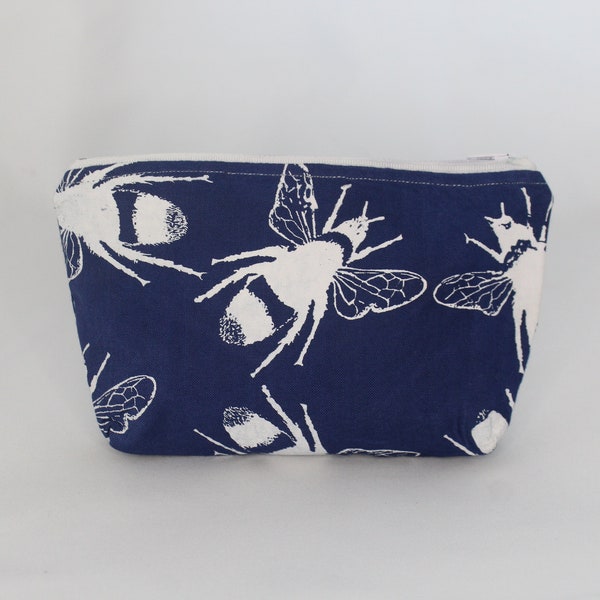 Handprint bee blue and white makeup bag , zero waste, vegan Eco gift set, Upcycled fabric  pouch, cosmetic bag, storage bag, gift