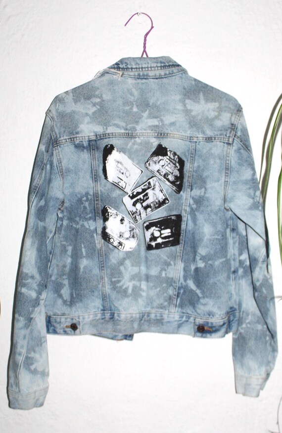 Unisex denim jacket,retro tape cassette hand screen printed button up jacket, Eco reworked,unisex unique Eco friendly lightweight denim coat