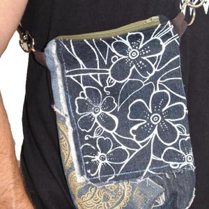 Denim shoulder bag, re purposed denim,Hand screen printed floral, paisley print,up cycled,Zero waste,Eco friendly,festival travel bag,Gift.