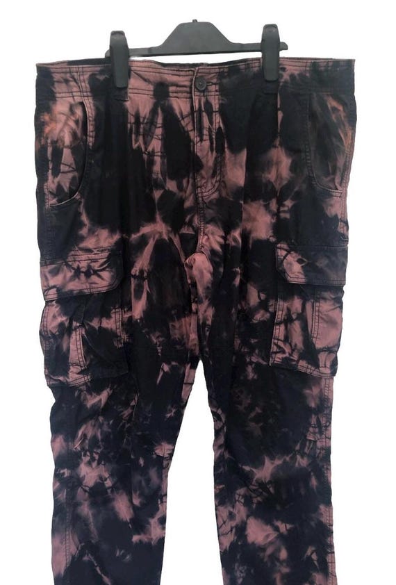 Reworked tie dye Baggy cotton Cargos Blue, brown, pink,tie dye pattern,size 36 waist Reworked,original unique Eco custom up cycled trouser