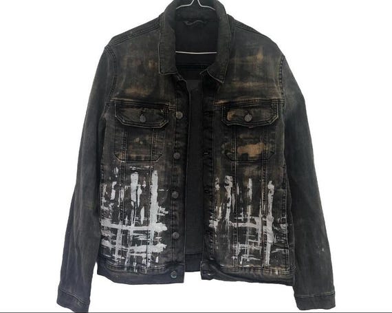 Unisex denim Boho jacket,custom hand screen print unique abstract print,Eco reworked preloved denim, distressed Hippie, grunge,festival Coat