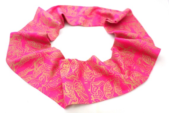 Infinity scarf, pink and gold abstract handprinted scarf, up-cycled scarf, hand  printed,soft cotton scarf,zero waste neck-wear, unique Gift