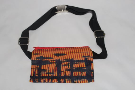 Hip belt bag,Handmade small festival bag, phone case bag, clubbing bag,abstract gold red,blue,stripy hand printed, Eco friendly unisex gift