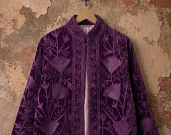Boho Floral Velvet Suzani Jacket, Handmade Embroidered Magenta Coat, Women’s Festival, Artisan Ethnic Outerwear, Vintage Velvet Jacket Gift