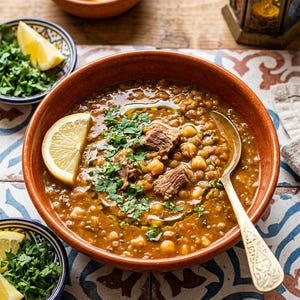 May include: A close-up shot of a bowl of hearty soup with chickpeas, meat, and herbs. A lemon wedge and chopped herbs garnish the soup. A gold spoon rests in the bowl. The soup is in a brown bowl on a patterned surface.