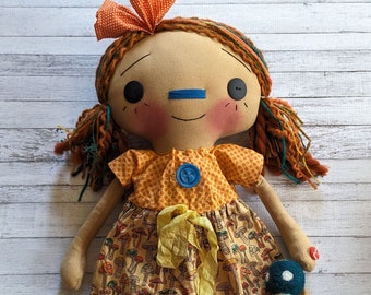 Mushrooms and Fall Colors Mallory Anne - Decorative Handmade Primitive Raggedy Ann Style Rag Doll