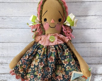 Spring Strawberry Blossom Wren Anne - Handmade OOAK Decorative Primitive Raggedy Ann Doll