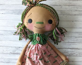 Pink and Green Alligator Treasure Island Minnie Anne Handmade OOAK Decorative Primitive Raggedy Ann Doll