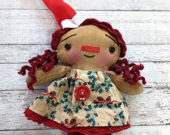 Christmas Winter Holiday Tiny ORNAMENT Annie - Handmade OOAK Decorative Primitive Raggedy Ann Doll