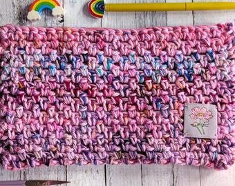 Rainbow Crocheted Zipper Pouch - Handmade Canvas Lined Crochet Bag or Wallet