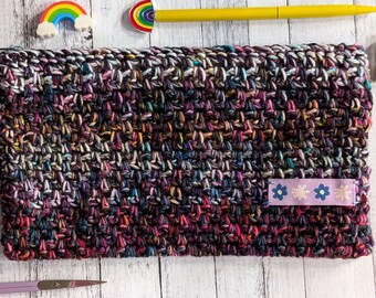 Rainbow Crocheted Zipper Pouch - Handmade Canvas Lined Crochet Bag or Wallet