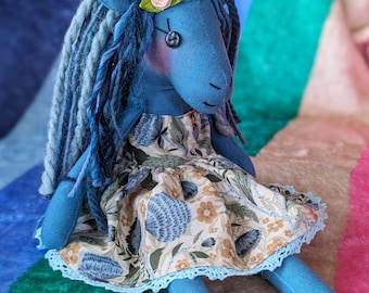 Blue Thistle Blossom Decorative Unicorn Doll - Handmade OOAK Decorative Stuffed Animal