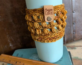 Fall Themed Autumn Coffee Cup Cozy - Handmade Crocheted Cup or Tumbler Wrap
