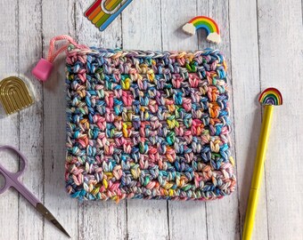 Rainbow Crocheted Zipper Pouch - Handmade Canvas Lined Crochet Bag or Wallet