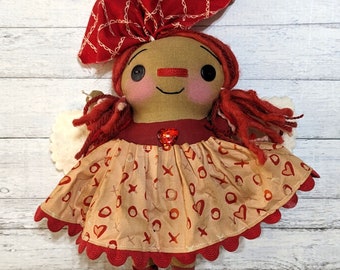 Valentine's Day Squat Angel Ornament Annie - Handmade OOAK Decorative Primitive Raggedy Ann Doll