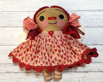 Valentine's Day Squat Angel Ornament Annie - Handmade OOAK Decorative Primitive Raggedy Ann Doll
