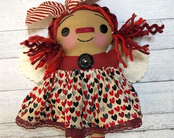 Valentine's Day Squat Angel Ornament Annie - Handmade OOAK Decorative Primitive Raggedy Ann Doll