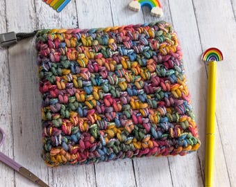Rainbow Crocheted Zipper Pouch - Handmade Canvas Lined Crochet Bag or Wallet