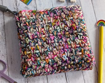 Rainbow Crocheted Zipper Pouch - Handmade Canvas Lined Crochet Bag or Wallet