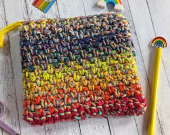 Rainbow Crocheted Zipper Pouch - Handmade Canvas Lined Crochet Bag or Wallet