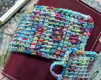 Rainbow Tunisian Crochet Traveler's Journal Wrap - Handmade Yarn Sweater for Book or Journal