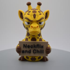 May include: A yellow and brown giraffe figurine with a grumpy facial expression, holding a rectangular tan sign in its hands. The sign features the black text "Neckflix and Chill" printed clearly on the front surface of the small decorative object.