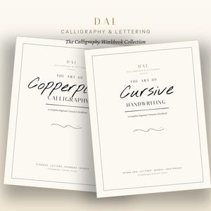 May include: Two calligraphy workbooks titled "Copperplate Calligraphy" and "The Art of Cursive Handwriting." The books are cream-colored with black text and line art. The top of the image reads "DAL Calligraphy & Lettering."