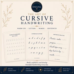 May include: A beige workbook titled The Art of Cursive Handwriting by Daal Calligraphy Lettering. It features three pages showing warm-up exercises, lowercase letters from a to z, and sentence practice. The text includes Warm-ups, Letters, Words, Sentences, and Build confidence and develop beautiful handwriting every day.