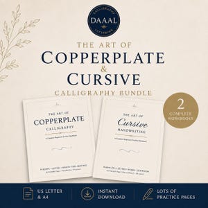 Könnte beinhalten: Ein Kalligrafie-Set mit zwei Übungsheften mit den Titeln The Art of Copperplate Calligraphy und The Art of Cursive Handwriting. Das Cover enthält den Text DAAAL Lettering, 2 Complete Workbooks, US Letter & A4, Instant Download und Lots of Practice Pages.