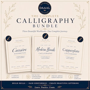 May include: A calligraphy bundle featuring three cream-colored workbooks titled The Art of Cursive Handwriting, The Art of Modern Brush Calligraphy, and The Art of Copperplate Calligraphy. The covers feature dark blue text and gold accents.