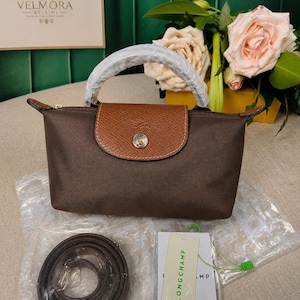 Longchamp Mini Brown Crossbody Bag, Detachable Strap Purse, Luxury Nylon Shoulder Bag, Chic Everyday Designer Handbag Gift for Women