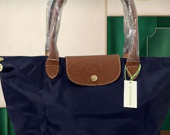 Longchamp Large Navy Nylon Tote Bag, Leather Trim Foldable Shoulder Bag, Lightweight Everyday Travel Carryall Purse Gift for Women