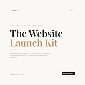 Może przedstawiać: Kremowy projekt graficzny z tekstem "The Website Launch Kit" w kolorze czarnym i złotym. Projekt zawiera tekst "A strategic planning system" oraz "A premium 20-page planning, branding, and launch framework". Słowa "Plan, Build, Launch" znajdują się na dole.