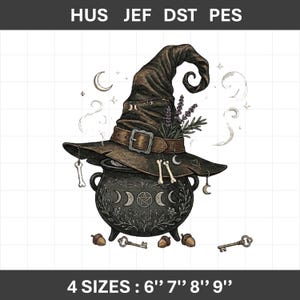 Witch Hat Cauldron Embroidery Design, Halloween Pagan Magic Pot Pattern (Digital Download)