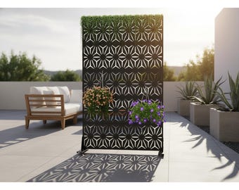 Privacy Screen Outdoor Freestanding Metal Privacy Panels with StandDecorative Patio Screen Divider for Balcony Deck Garden, Laser Cut Steel