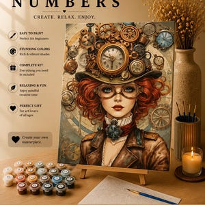 May include: A paint by numbers kit featuring a canvas with a portrait of a person wearing a top hat adorned with clock gears and goggles. The set includes numbered paint pots, a paintbrush, and a wooden easel. Text reads PAINT BY NUMBERS.