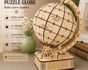 Wooden Globe 3D Puzzle – DIY Rotating World Map Model Kit – Vintage Desk Decor – Educational Wooden Craft Gift