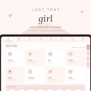 Könnte beinhalten: Eine digitale Planer-Oberfläche mit dem Titel Just That Girl in hellrosa und weiß. Der Bildschirm zeigt ein Dashboard namens Dein Hub mit Navigationssymbolen und kategorisierten Bereichen für Planung, Routine, Fitness und Tracking.