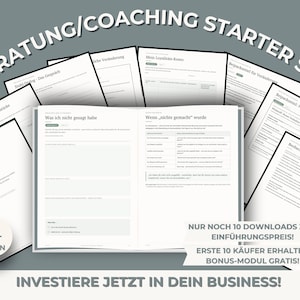Könnte beinhalten: Ein Coaching-Starter-Set bestehend aus einer Sammlung gedruckter Dokumente und einem zentralen, aufgeschlagenen Arbeitsbuch mit deutschem Text. Die Seiten enthalten Überschriften wie Was ich nicht gesagt habe und Wenn nichts gemacht wurde.