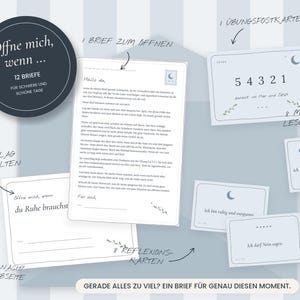 Könnte beinhalten: Ein Set aus 12 Briefen mit dem Titel "Öffne mich, wenn..." für schwere und schöne Tage, bestehend aus einem Brief zum Öffnen, einem Umschlag zum Falten, einer Übungspostkarte mit "5 4 3 2 1", 8 Reflexionskarten und 8 magnetischen Lesezeichen mit Text.