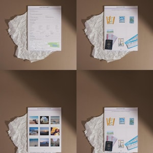 May include: Four images of travel-themed stationery on a brown background. One image shows a form labeled "UNTERKUNFT". The other three images show pages with stamps, passport, tickets, and photos. The pages are on white paper.