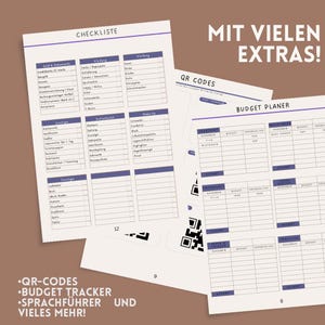 Könnte beinhalten: Gedruckte Planerseiten mit Checklisten und einem Budget-Tracker. Die Seiten haben einen weißen Hintergrund mit lila Akzenten und Text. Der Text enthält "CHECKLISTE", "BUDGET PLANER" und "QR CODES".