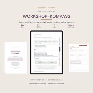 May include: A digital workshop guide titled DER SYSTEMISCHE WORKSHOP-KOMPASS, featuring 90 pages, 12 methods, and 2 scripts. The display shows a tablet with a value square diagram, alongside a printed document and a worksheet page for coaching.