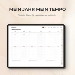 Könnte beinhalten: Ein digitaler Planer auf einem Tablet-Bildschirm mit dem Text MEIN JAHR MEIN TEMPO und Digitaler Planer für neurodivergente Köpfe. Die Benutzeroberfläche zeigt eine Jahresübersicht mit Spalten für Monate, 140 Seiten, 2900 Verlinkungen und undatiert.
