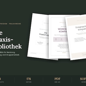 Könnte beinhalten: Drei weiße A4-Dokumente mit den Titeln Die Praxis-Bibliothek, Die Praxismappe, Workshop Kompakt und Erstgespräch kompakt. Der Text enthält Seelenfrieden, Praxisreihe und Drei Toolkits für Beratung, Coaching und Gruppenarbeit. Unten steht: 3 Toolkits, 178 Seiten, PDF, DIN A4, Sofort Download.