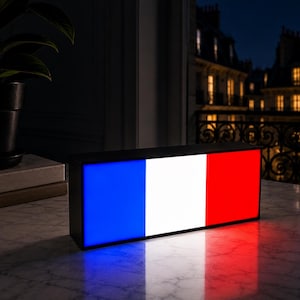 May include: A rectangular light box with the French flag design, featuring blue, white, and red vertical stripes. The box sits on a marble surface, reflecting the colors. A potted plant and a cityscape are visible in the background.