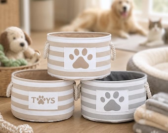 Striped Paw Print Pet Toy Basket with Handles – Round Fabric Storage Organizer