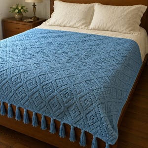 May include: A light blue crocheted blanket featuring a repeating diamond pattern and a textured square design. The blanket is finished with a series of matching light blue yarn tassels along the bottom edge, creating a decorative border.