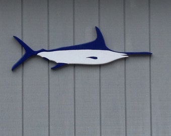 Blue and White Wooden Swordfish Wall Hanging, Hand Cut and Painted (44x12)
