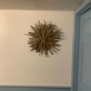 May include: A large, circular wall decor made of natural driftwood branches, arranged in a radial pattern, creating a sunburst effect. The decor is mounted on a white wall with a light blue wainscot below.